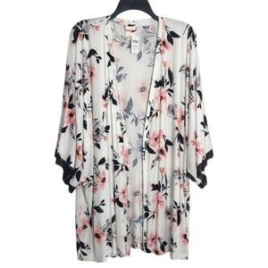 Soma Floral Lace Trim Stretchy Open Cardigan Robe Wrap Topper Ivory L